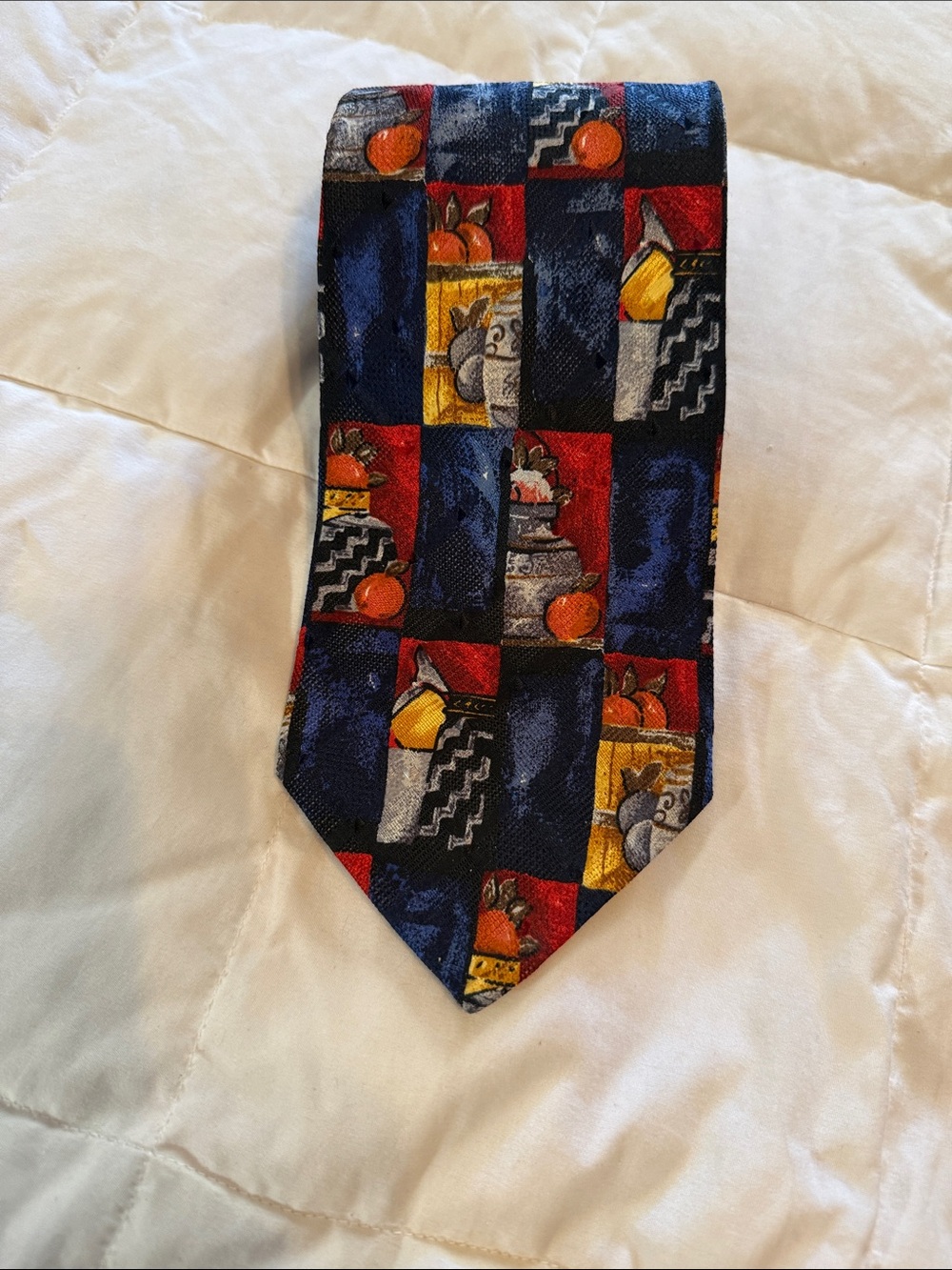 Vintage Sazzari Men's Handmade in Italy Patterned Silk Tie in Navy Red & Yellow